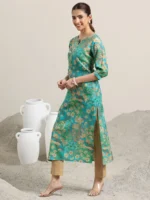 Blue Printed Silk Blend Straight Kurta - Image 3