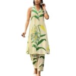 Women's Pure Cotton Sleeveless Regular Kurta with Pant (Green-Leaf-p)