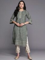 Grey Printed Silk Straight Kurta