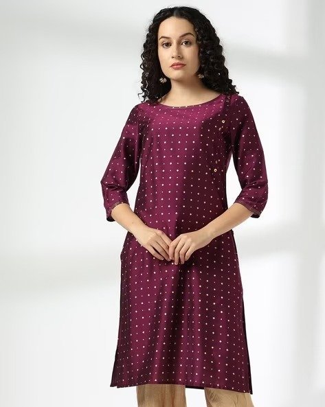 473Wx593H-443066207-wine-MODEL.jpg Women Micro Print Straight Kurta - Image 1